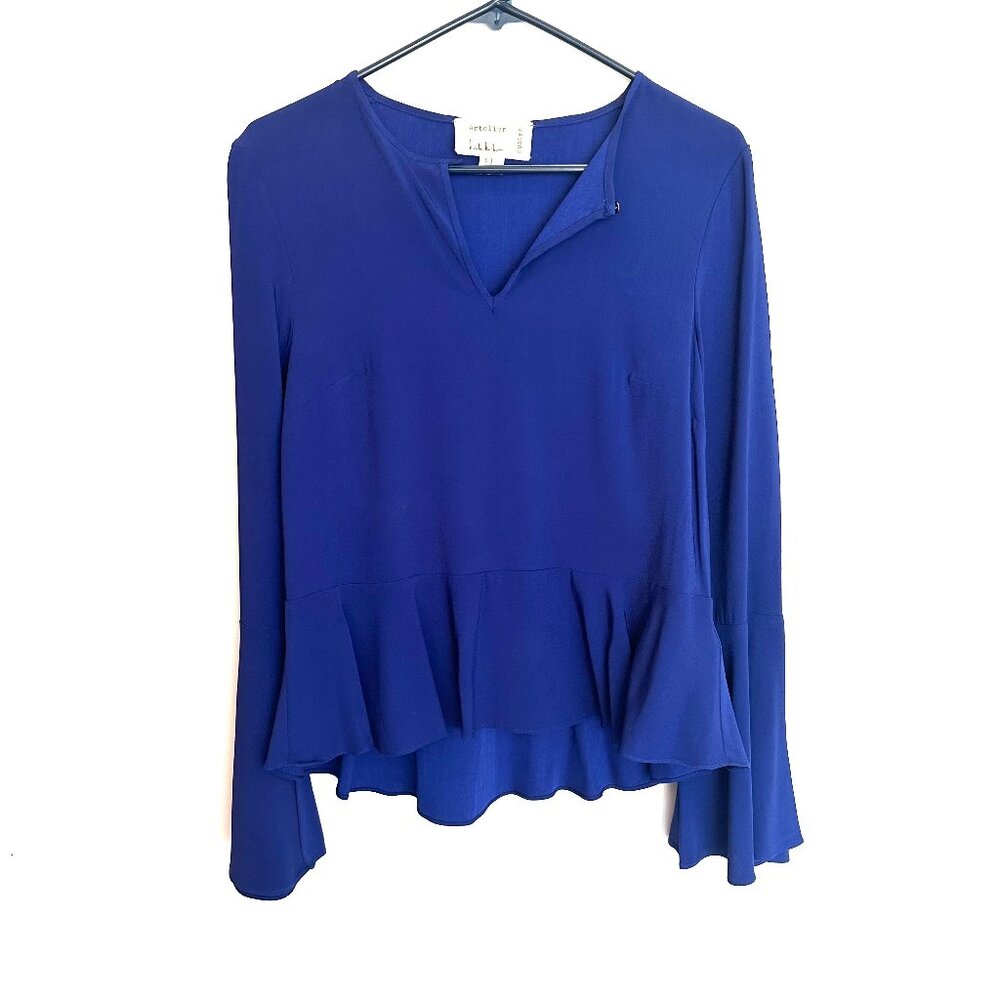 Nicole Miller Atelier Bell Sleeve Sapphire Blue Blouse, size Small